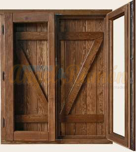 ventana pino iroko con contraventanas exterior en zeta interior rustica pino a medida
